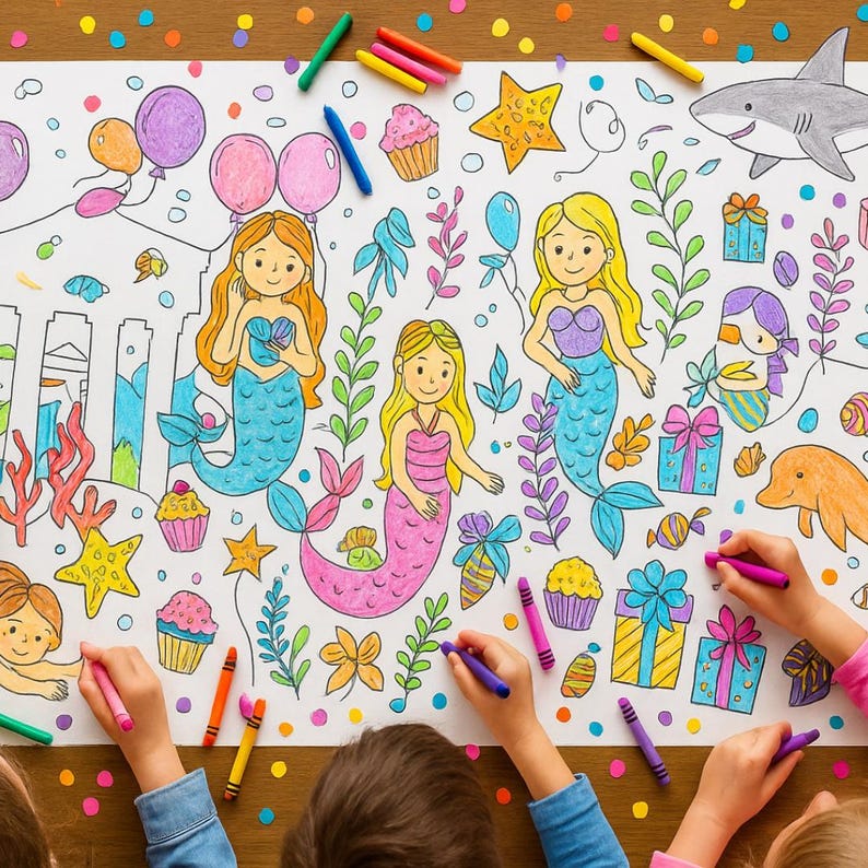 Personalized Mermaid Gift for Girls under 5 Birthday Party Coloring Tablecloth (36" x 72") Under the Sea little mermaidsplish splash bash toddler activity coloring banner