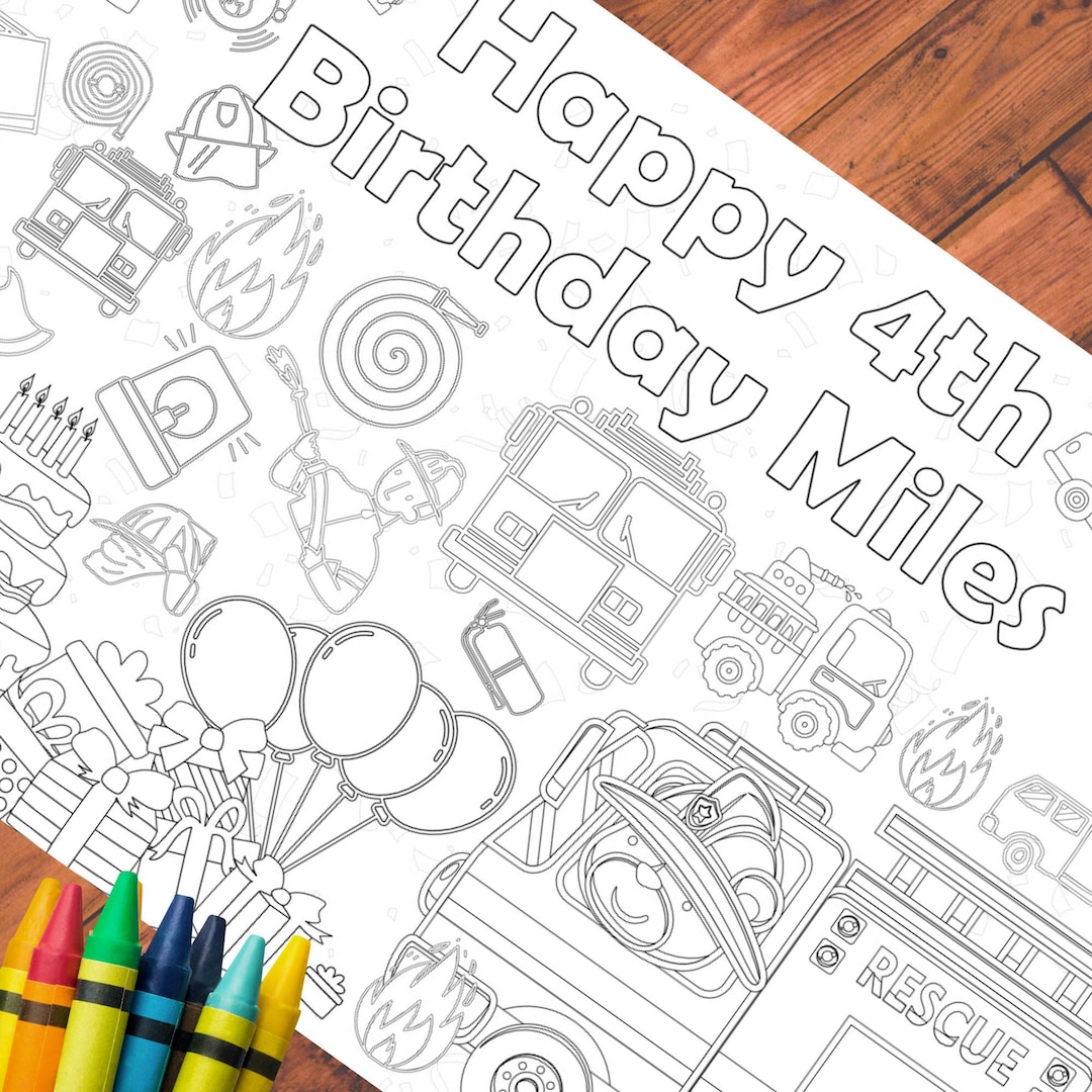 Fire Truck Birthday Party Personalized Firefighter Coloring Tablecloth ...