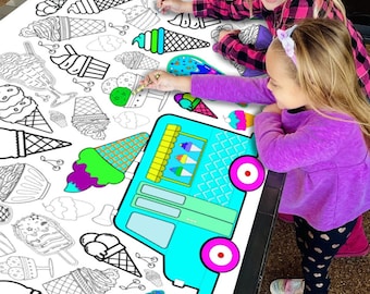 Personalized Ice Cream Party Coloring Tablecloth: Kids Birthday Activity