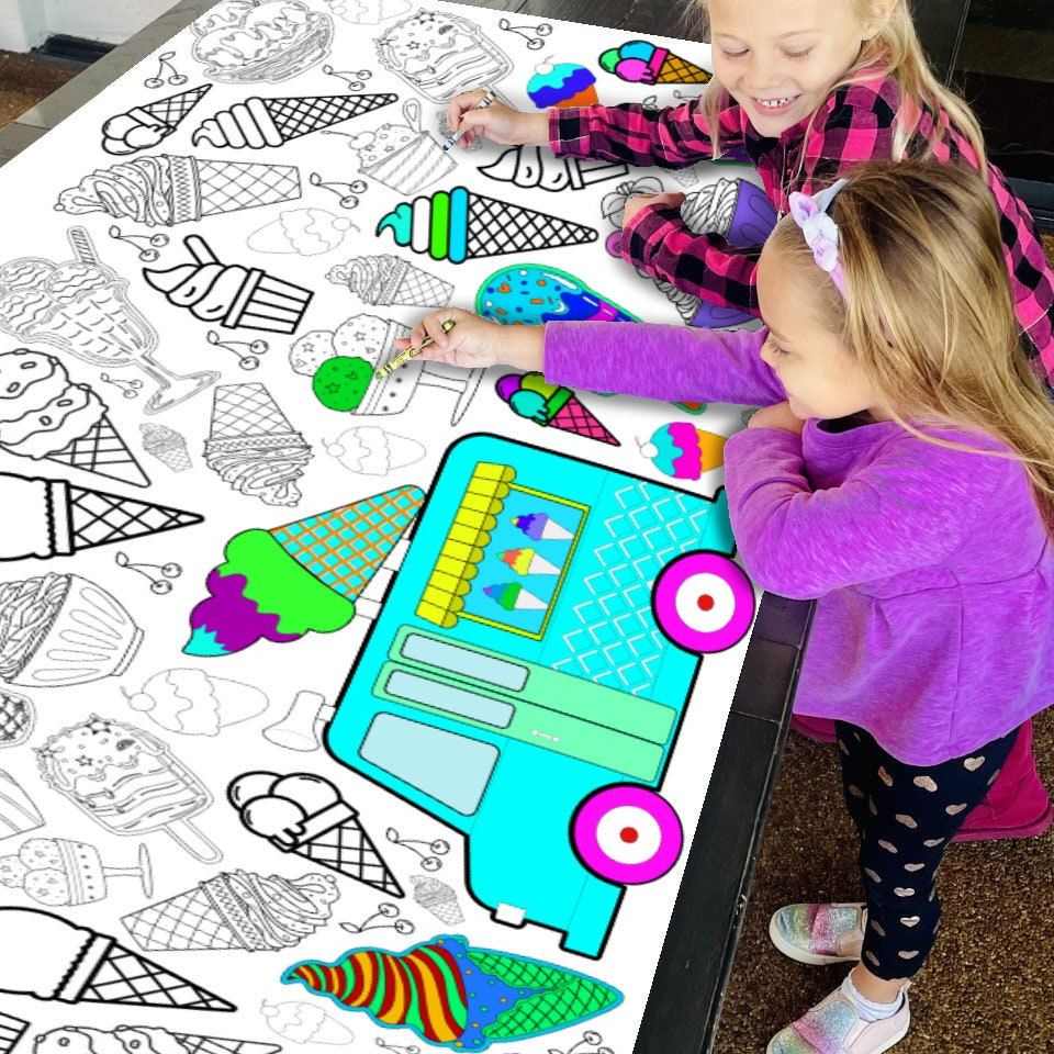 Ice Cream Party Coloring Tablecloth Activity Personalized Kids Summer Birthday Decorations Sweet One 1st Party Decor Two