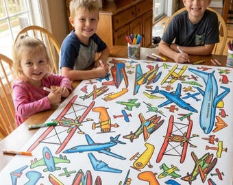Airplane Birthday Party Coloring Tablecloth Personalized Activity for Kids