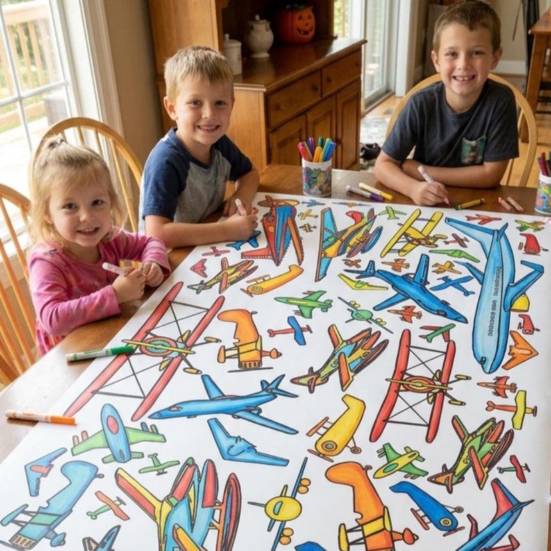 Airplane birthday party coloring tablecloth personalized activity for kids