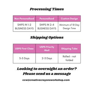 May include: A pink table with text that reads "Processing Times" and "Shipping Options". The table lists processing times for non-personalised, personalised, and custom design items. It also lists shipping options for USPS First Class, USPS Priority Mail, and Shipping Tube.