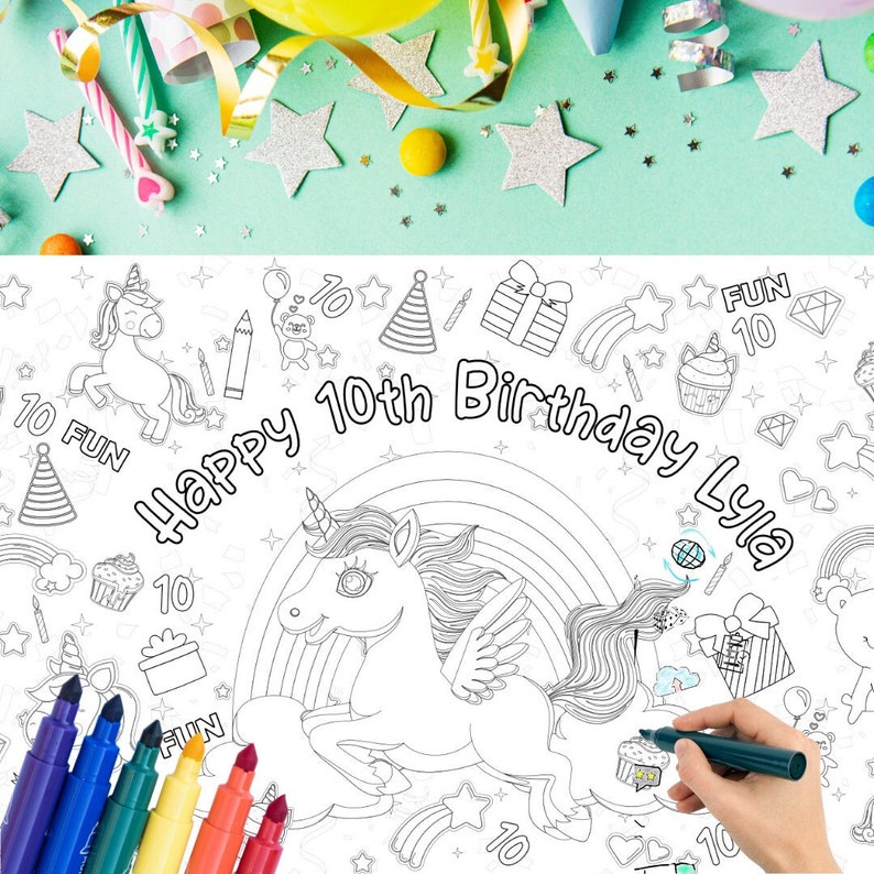 May include: A black and white coloring page featuring a unicorn with a rainbow and stars. The page says "Happy 10th Birthday Lyla" and includes other fun birthday-themed illustrations.