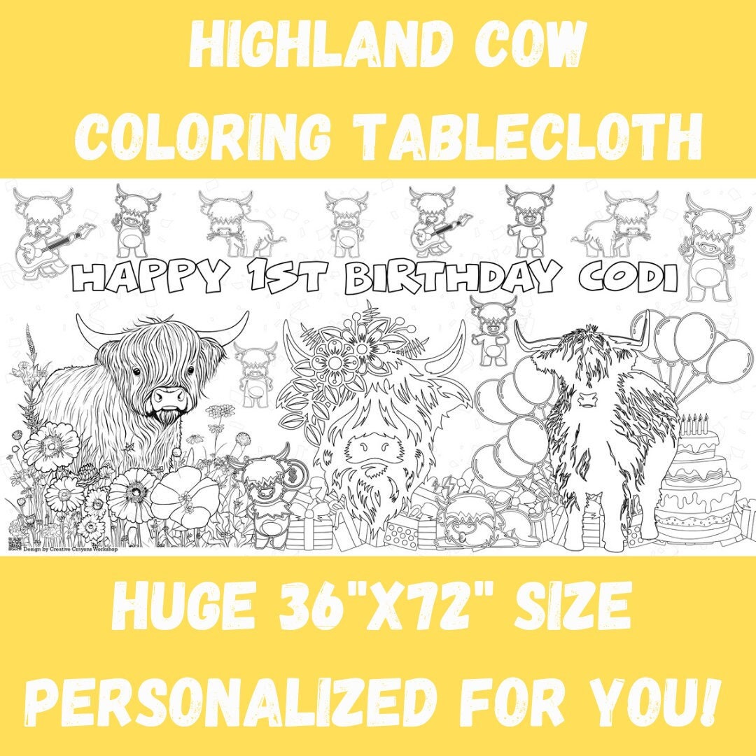 Highland Cow Birthday Party Coloring Tablecloth Huge Personalized