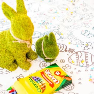 May include: A white tablecloth with a green bunny and a box of Crayola crayons. The tablecloth has a black and white Easter-themed design with bunnies, eggs, and flowers.