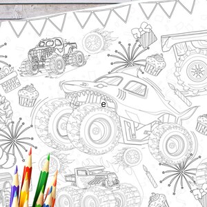 Monster Truck Birthday Party Coloring Tablecloth Personalized Monster ...