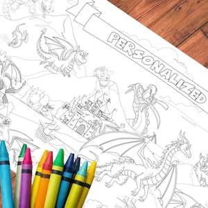May include: A black and white dragon-themed coloring page with the word "PERSONALIZED" printed at the top. The coloring page features dragons, a castle, and a landscape. A set of colorful crayons is in the foreground.