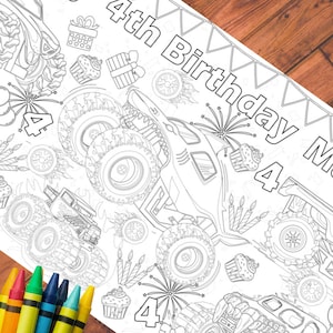 Monster Truck Birthday Party Coloring Tablecloth Personalized Monster Jam Party Decoration Boys Grave Digger Activity Smash and Crash Banner