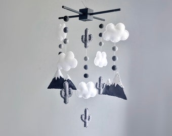 Mountain Baby Mobile - Monochrome Nursery Decor - Felt Ball Cot / Crib Mobile - Gender Neutral Baby Gift