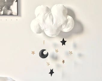 Felt Cloud Wall Hanging - Monochrome Nursery - Black & White Modern Kids Room Decor- Boy or Girl