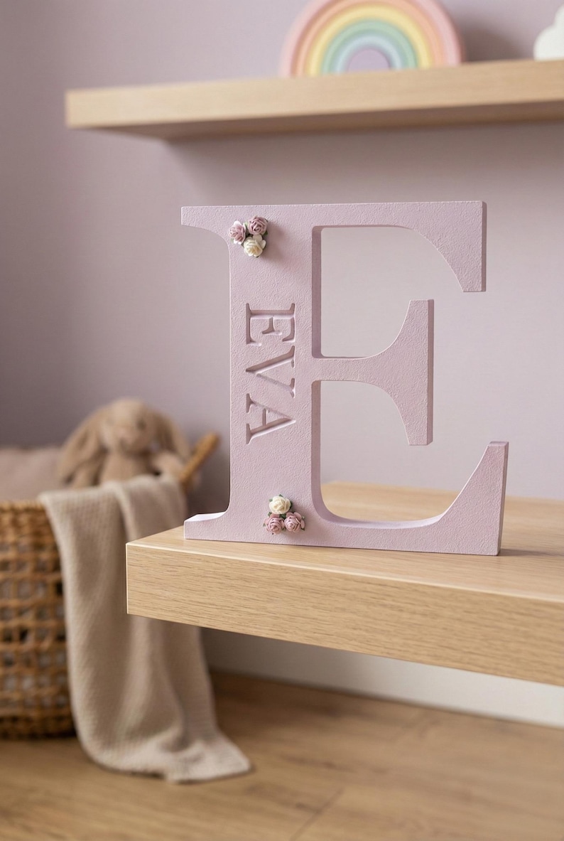 May include: A large, light purple, freestanding letter E with the name EVA engraved vertically in the centre. The letter is decorated with small, delicate clusters of pink and white artificial flowers at the top and bottom corners.