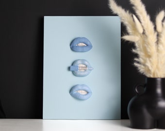 3D Lips Canvas, Blue Wall Art, Beauty Salon Wooden Sign, Retro Home Decor