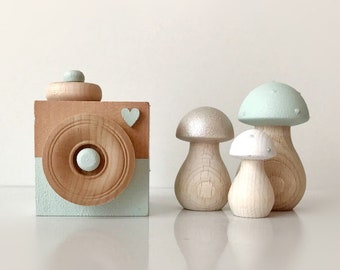 Wooden Nursery Decor Set - Mint Kids Room - Wooden Camera & Toadstools - Boy Baby Shower Gift