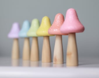 Pastel rainbow nursery decor, wooden mushrooms, baby room, toadstools shelf accessories