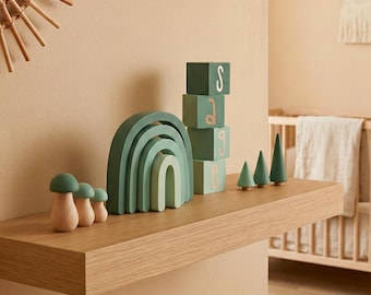 Personalized Wooden Nursery Decor Set: Sage Green Rainbow, Trees, Toadstools