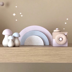 Baby Girl Nursery Decor - Mauve Kids Room - Handmade Wooden Toys - Rainbow, Mushrooms & Camera