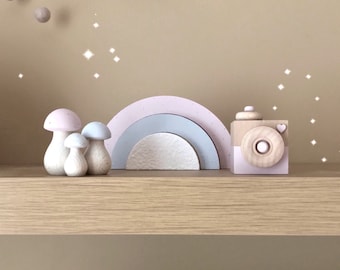 Baby Girl Nursery Decor - Mauve Kids Room - Handmade Wooden Toys - Rainbow, Mushrooms & Camera