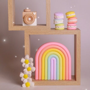 Rainbow baby room decor, pastel nursery shelf accessories