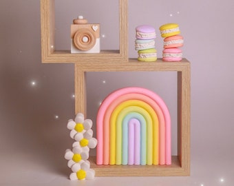 Rainbow baby room decor, pastel nursery shelf accessories