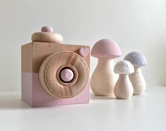 Handmade Wooden Camera & Toadstool Set: Nordic Girl Nursery Decor, Baby Gift