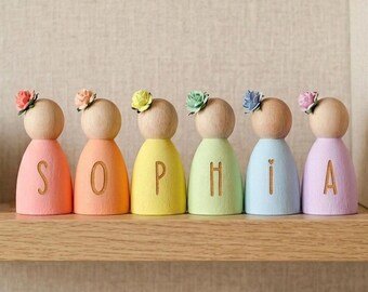 Personalized Rainbow Name Dolls – Pastel Wooden Peg Dolls, Keepsake, Baby Shower Decor