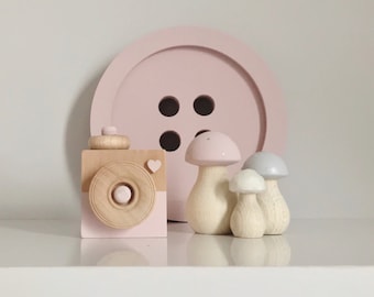 Mauve Girls Room Decor - Nordic Nursery / Kids Room - Wooden Camera & Mushrooms Baby Girl Gift