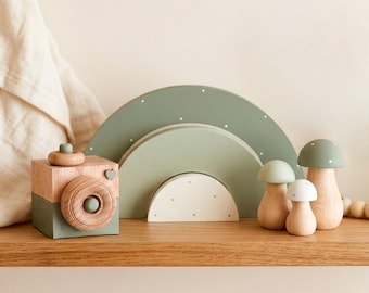 Wooden Nursery Decor Set, Rainbow, Camera, Toadstools, Sage Green, Baby Shower Gift