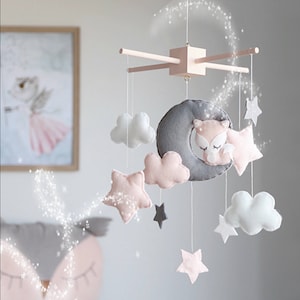 Fox, Moon, Clouds And Stars Baby Mobile - Blush Pink Nursery Decor - Baby Girl Gift - Cot / Crib