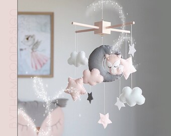 Fox, Moon, Clouds And Stars Baby Mobile - Blush Pink Nursery Decor - Baby Girl Gift - Cot / Crib