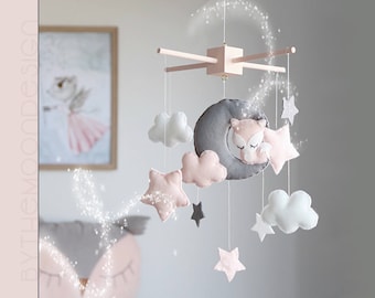 Felt Woodland Fox Nursery Mobile, Pink Grey Moon Stars Crib Decor