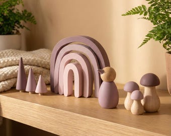 Mauve Wooden Nursery Decor Set: Rainbow, Trees, Toadstools