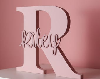 Personalised Wooden Initial Name Sign, New Baby Girl Gift, Engraved Letter Nursery Shelf Decor