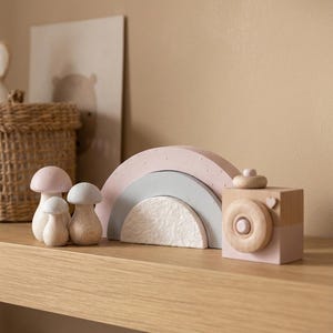 Baby Girl Nursery Decor - Mauve Kids Room - Handmade Wooden Toys - Rainbow, Mushrooms & Camera