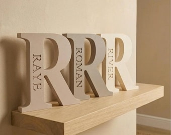 Personalised Wooden Letter: Engraved Nursery Decor, Baby Name Sign, Shelf Accessory
