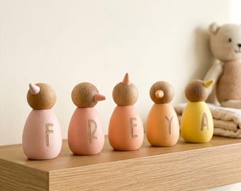 Personalised Peg Dolls Name Sign, Christening Gifts For Girls, Woodland Nursery Shelf Decor