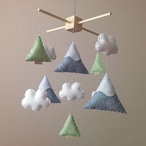 Neutral baby shower gift - neutral nursery decor - mountains, clouds. trees, outdoors baby mobile