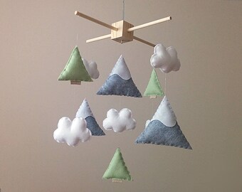 Neutral baby shower gift - neutral nursery decor - mountains, clouds. trees, outdoors baby mobile