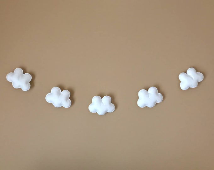 Minimalist White Nursery Decor, Gender Neutral Baby Gift, Cloud Garland Wall Hanging