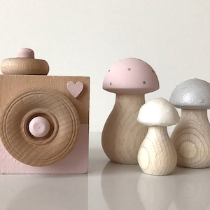 Baby Girl Nursery Decor . Nordic Kids Room . Wooden Toadstools & Camera Toy . Baby Girl Gift