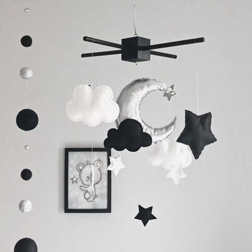 Moon & Stars Baby Mobile Cot Mobile Silver Nursery Decor. Etsy