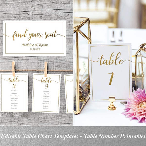 Seating Plan Template COMBO DEAL: Faux Foil Gold Wedding Seating Chart Template Set + Table Number Printables | Elegant table seating