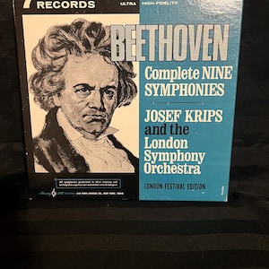 May include: A vintage vinyl record album featuring a portrait of Beethoven. The album cover is black and blue with the text "BEETHOVEN Complete NINE SYMPHONIES" and "JOSEF KRIPS and the London Symphony Orchestra". The album is labeled "7 RECORDS".