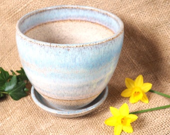 Dreamy soft blue, speckled handmade planter and saucer