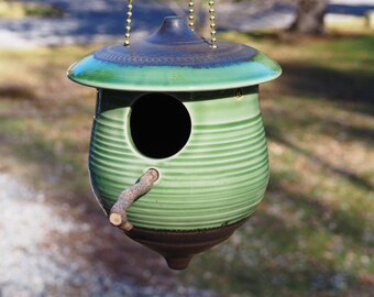 Hanging pottery birdhouse, "Sage Cottage"