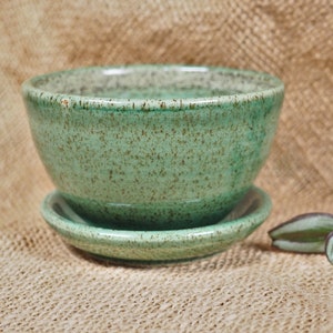 Transparent green speckled planter and saucer