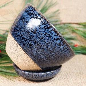 Mottled blue speckled clay planter and saucer