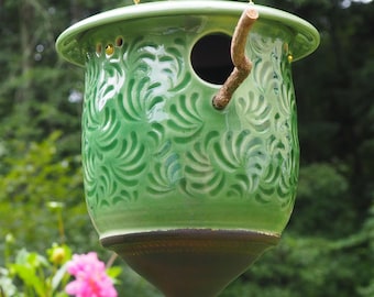 Artisan Hand-carved pottery birdhouse, Fern Villa