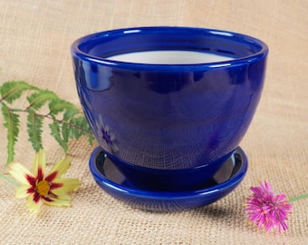 Jardinière et soucoupe émaillées cobalt
