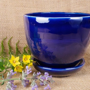 Deep cobalt glazed planter & saucer
